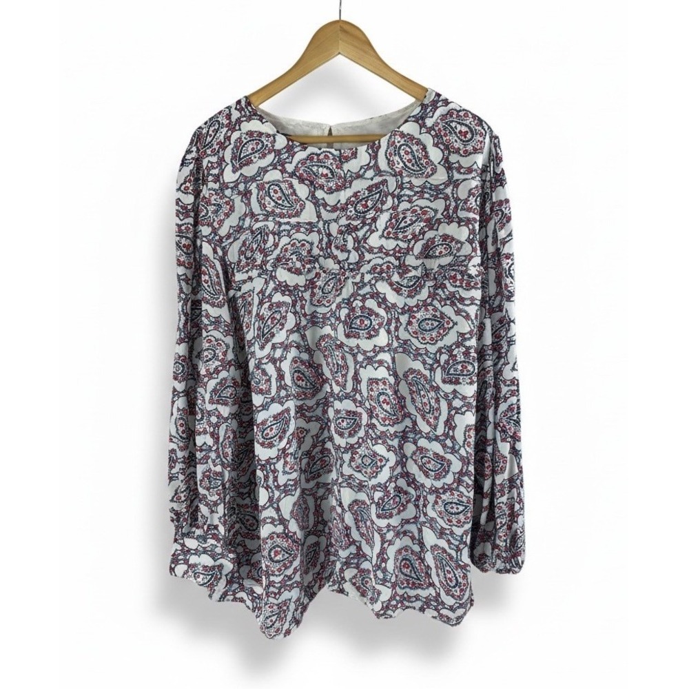 Talbots Popover Top Blouse Blue Red Paisley Long Sleeves Ruffled Size 3X